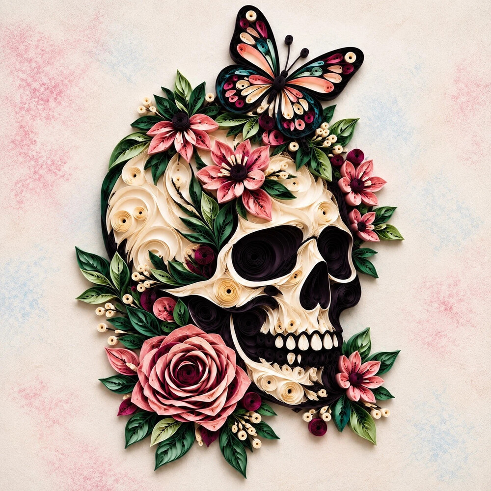 8x10 Framed Floral Skull Butterfly Quilling Art Print